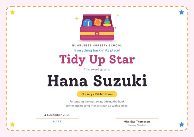 Raspberry Starry Tidy Up Star Award template, A4 landscape, in raspberry