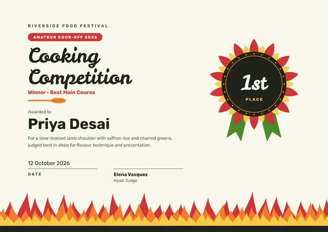 Red Medal Cooking Competition Certificate template, A4 landscape, in red