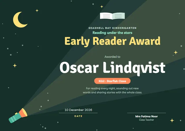 Forest Green Moonlit Early Reader Award template, A4 landscape, in forest green
