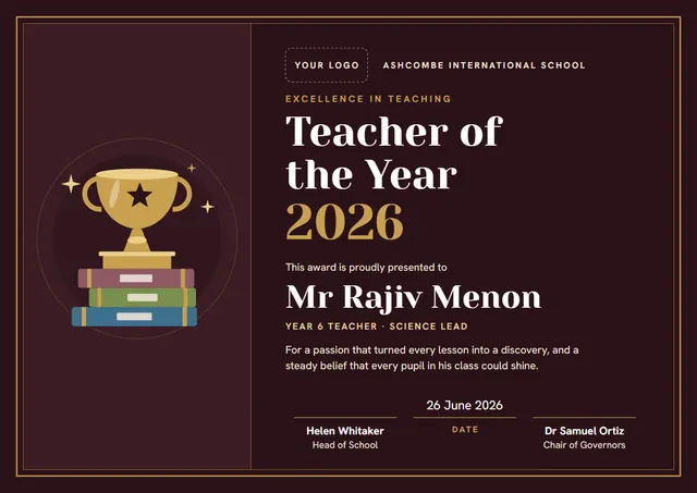 Burgundy Trophy Teacher of the Year Award template, A4 landscape, in burgundy