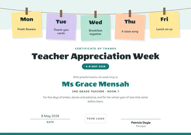 Teal Banded Teacher Appreciation Week Certificate template, A4 landscape, in teal