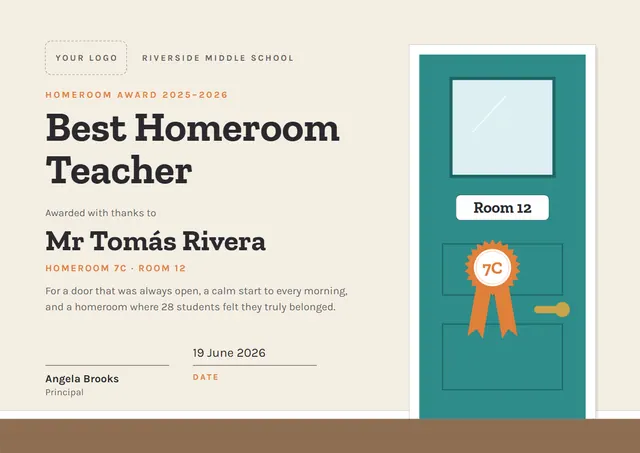 Jade Rosette Best Homeroom Teacher Award template, A4 landscape, in jade