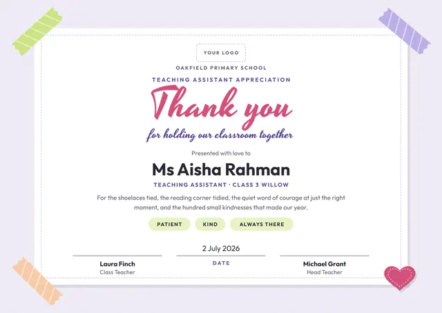 Rose Heart Teaching Assistant Appreciation Certificate template, A4 landscape, in rose