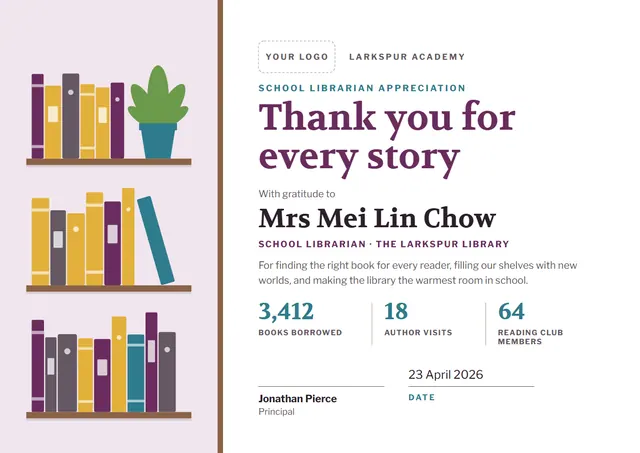 Plum Leafy School Librarian Appreciation Certificate template, A4 landscape, in plum