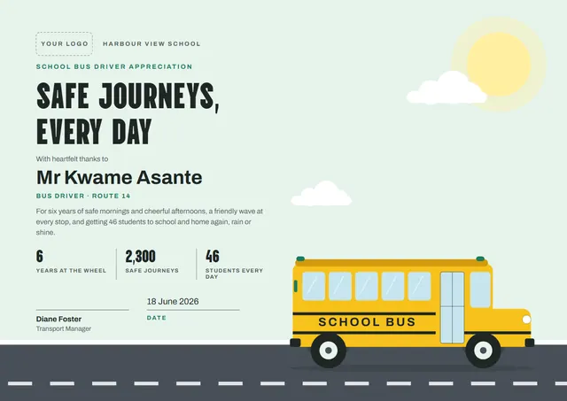 Sunshine Yellow Sunburst School Bus Driver Appreciation Certificate template, A4 landscape, in sunshine yellow