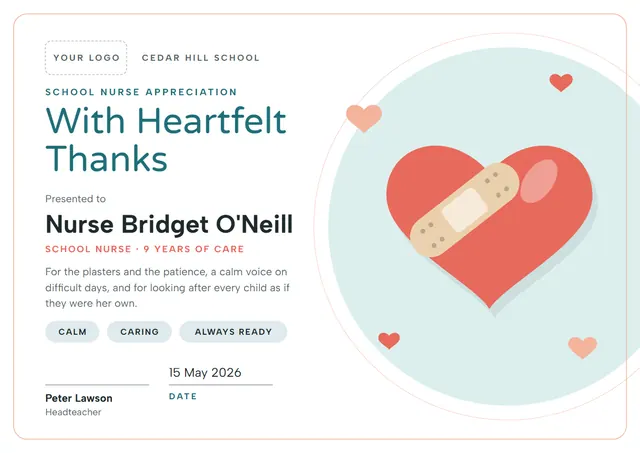 Teal Heart School Nurse Appreciation Certificate template, A4 landscape, in teal