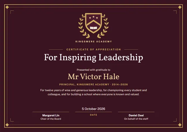 Burgundy Laurel Principal Appreciation Certificate template, A4 landscape, in burgundy