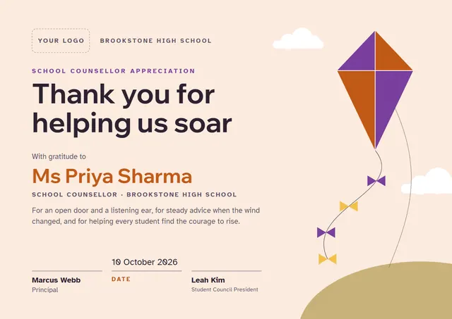Gold Mountain School Counsellor Appreciation Certificate template, A4 landscape, in gold