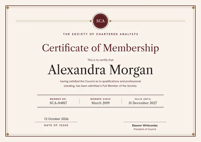 Burgundy Ornate Certificate of Membership template, A4 landscape, in burgundy