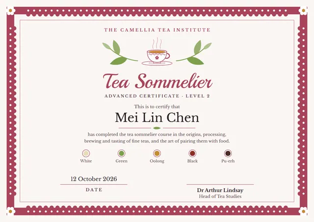 Raspberry Floral Tea Sommelier Course Certificate template, A4 landscape, in raspberry