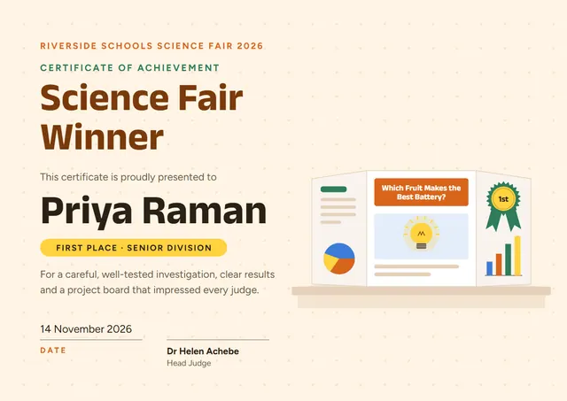 Chocolate Rosette Science Fair Winner Certificate template, A4 landscape, in chocolate