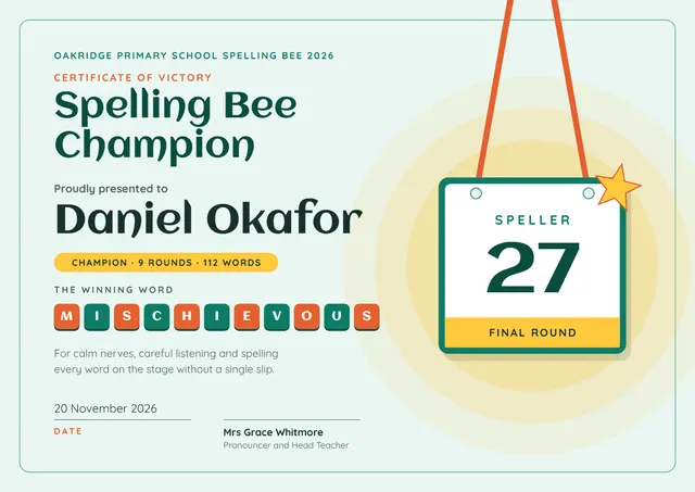 Teal Starry Spelling Bee Champion Certificate template, A4 landscape, in teal