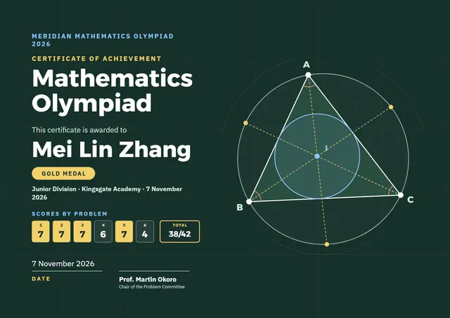 Forest Green Medal Maths Olympiad Certificate template, A4 landscape, in forest green