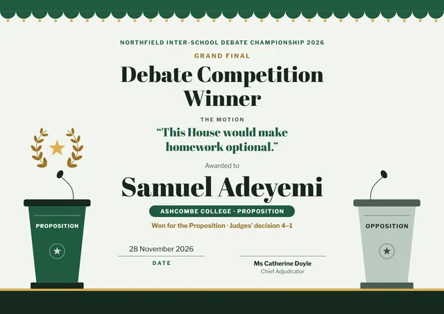 Forest Green Laurel Debate Competition Winner Certificate template, A4 landscape, in forest green