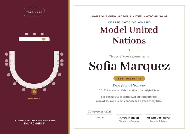Burgundy Wave Model United Nations Certificate template, A4 landscape, in burgundy