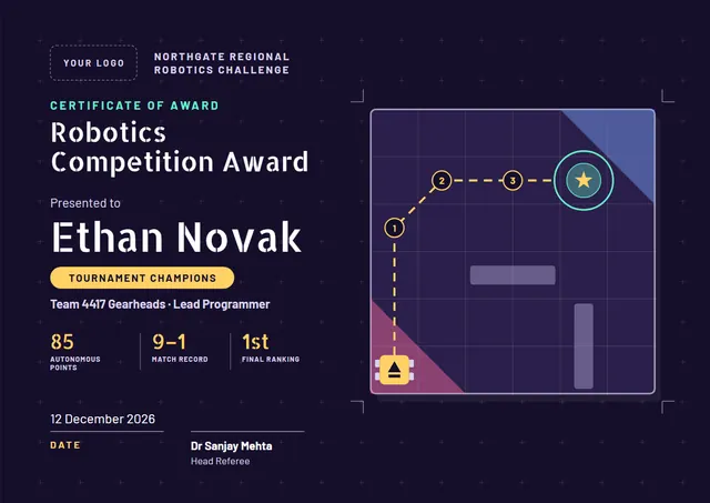 Modern Midnight Starry Robotics Competition Award template, A4 landscape, in midnight blue