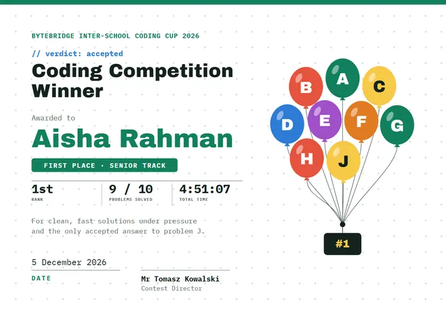 Emerald Confetti Coding Competition Winner Certificate template, A4 landscape, in emerald