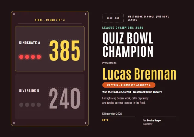 Black Modern Quiz Bowl Champion Certificate template, A4 landscape, in black