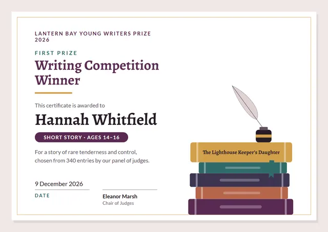 Plum Ribbon Writing Competition Winner Certificate template, A4 landscape, in plum