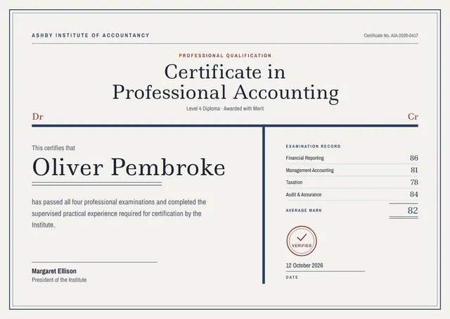 Navy Double-Border Accounting Certificate template, A4 landscape, in navy
