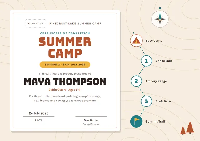 Gold Globe Summer Camp Certificate template, A4 landscape, in gold