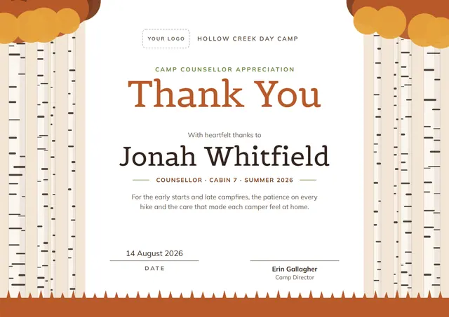 Terracotta Leafy Camp Counsellor Appreciation Certificate template, A4 landscape, in terracotta
