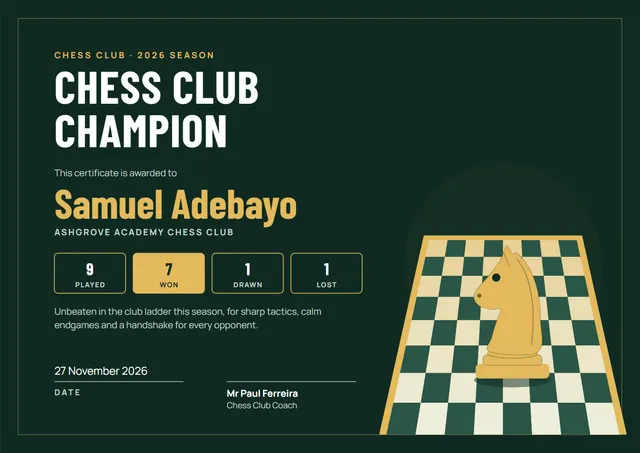 Forest Green Geometric Chess Club Champion Certificate template, A4 landscape, in forest green