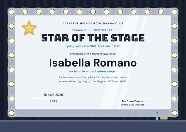 Silver Starry Drama Club Certificate template, A4 landscape, in silver
