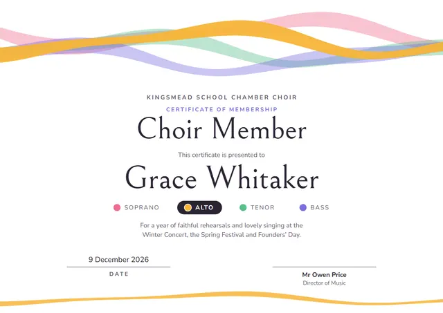 Sunshine Yellow Ribbon Choir Member Certificate template, A4 landscape, in sunshine yellow