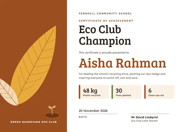 Brick Red Leafy Eco Club Champion Award template, A4 landscape, in brick red