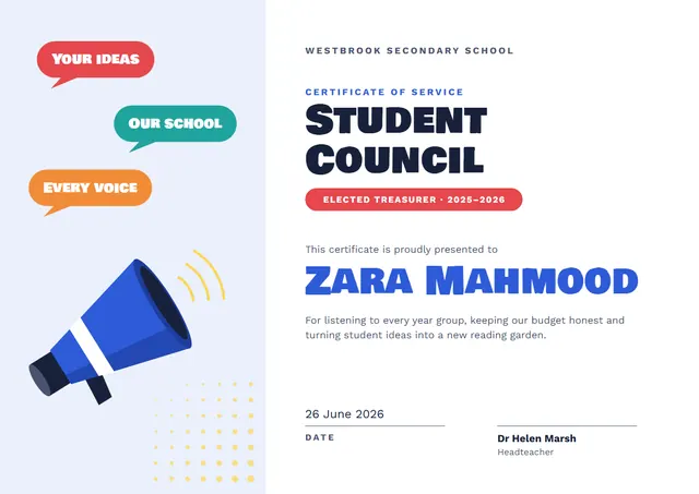 Royal Blue Confetti Student Council Certificate template, A4 landscape, in royal blue