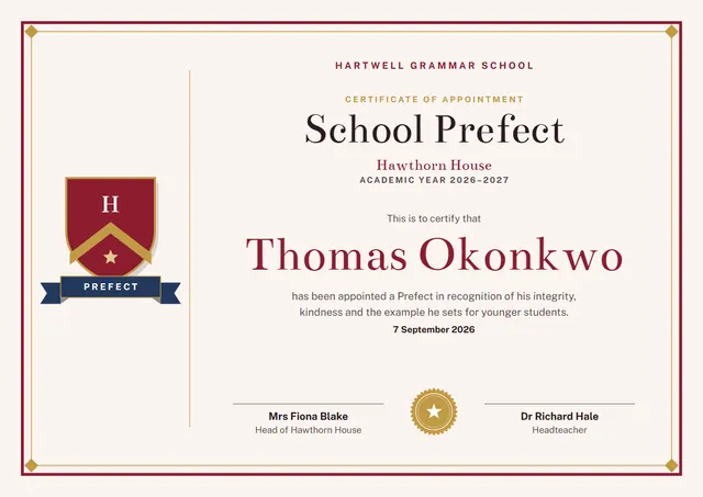 Crimson Seal Prefect Certificate template, A4 landscape, in crimson
