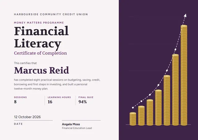 Plum Chart Financial Literacy Course Certificate template, A4 landscape, in plum