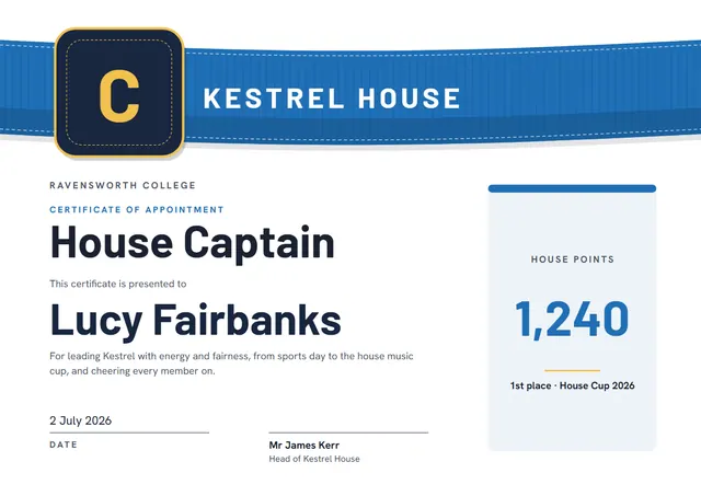 Ocean Blue Badge House Captain Certificate template, A4 landscape, in ocean blue