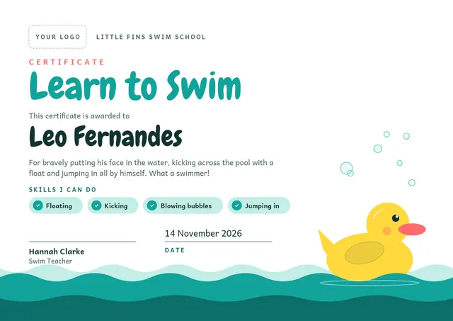 Teal Wave Learn to Swim Certificate template, A4 landscape, in teal