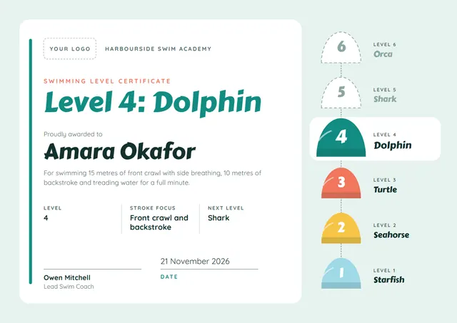 Teal Playful Swimming Level Certificate template, A4 landscape, in teal