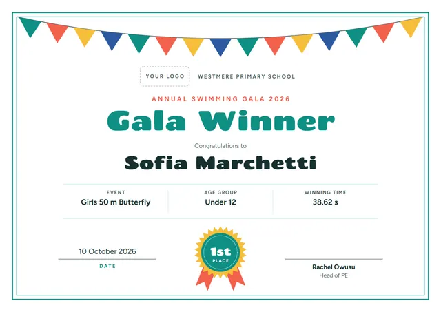Teal Rosette Swimming Gala Winner Certificate template, A4 landscape, in teal