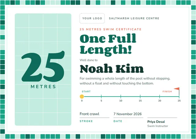 Teal Pennant 25 Metres Swim Certificate template, A4 landscape, in teal