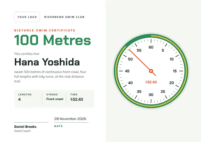 Jade Banded 100 Metres Swim Certificate template, A4 landscape, in jade