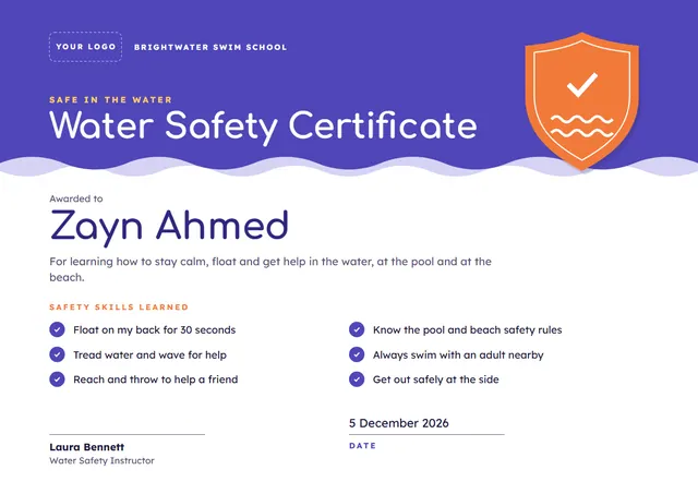 Steel Blue Wave Water Safety Certificate template, A4 landscape, in steel blue