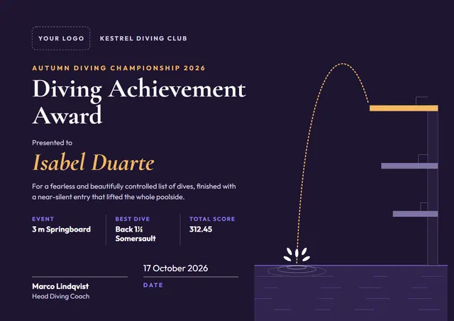 Classic Midnight Sunburst Diving Achievement Award template, A4 landscape, in midnight blue