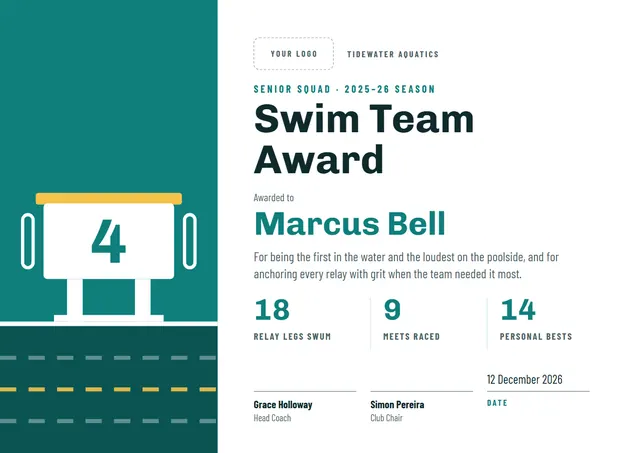 Teal Wave Swim Team Award template, A4 landscape, in teal