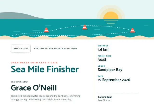Teal Sunburst Open Water Swim Certificate template, A4 landscape, in teal
