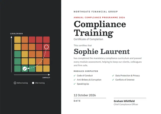 Red Banded Compliance Training Certificate template, A4 landscape, in red