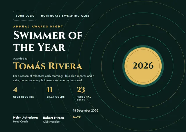 Forest Green Wave Swimmer of the Year Award template, A4 landscape, in forest green