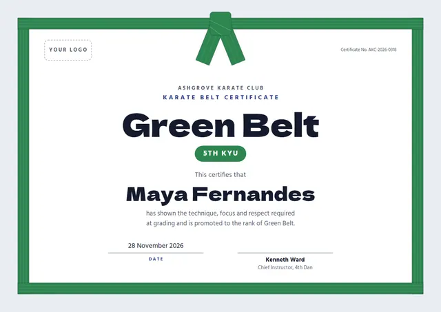 Jade Bordered Karate Belt Certificate template, A4 landscape, in jade