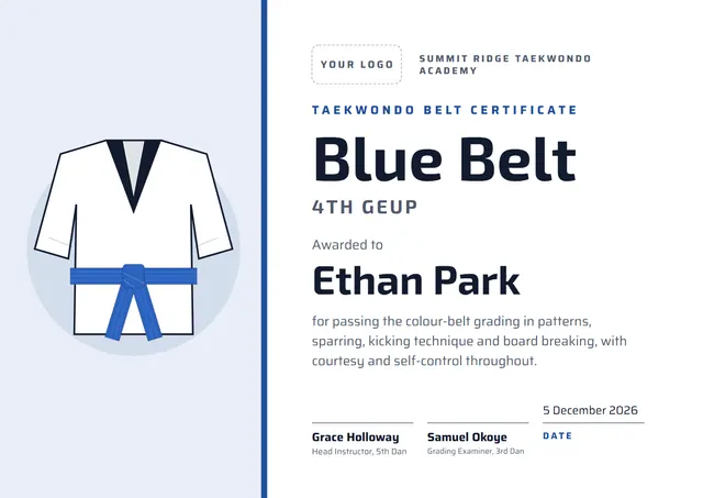 Slate Banded Taekwondo Belt Certificate template, A4 landscape, in slate grey