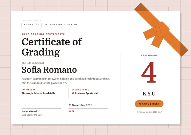 Orange Wave Judo Grading Certificate template, A4 landscape, in orange