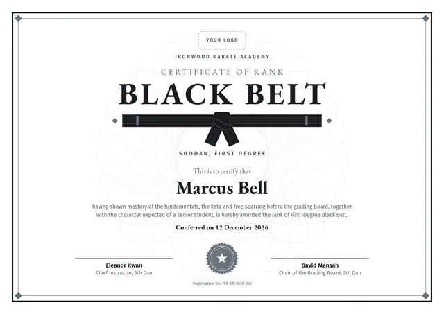 Black Seal Black Belt Certificate template, A4 landscape, in black