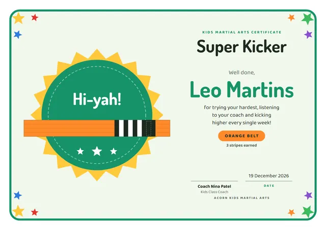 Jade Starry Kids Martial Arts Certificate template, A4 landscape, in jade